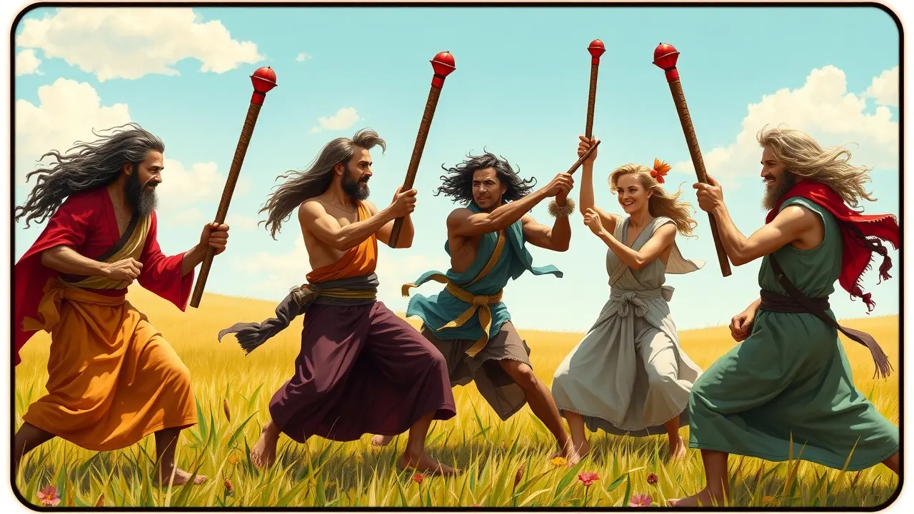 Significado de Sonhar com Cinco de Paus: Interpretações e Mensagens Cinco figuras em uma disputa simulada com varas de madeira.