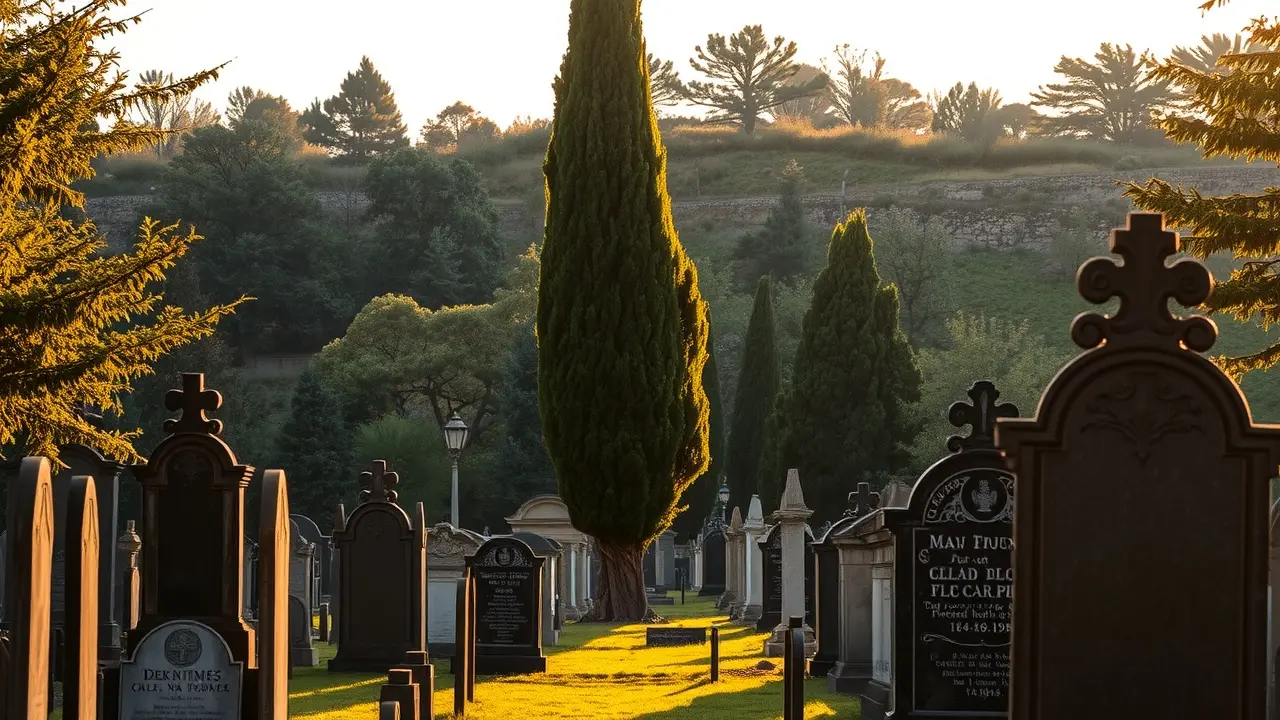 Cipreste em cemitério iluminado pelo sol poente