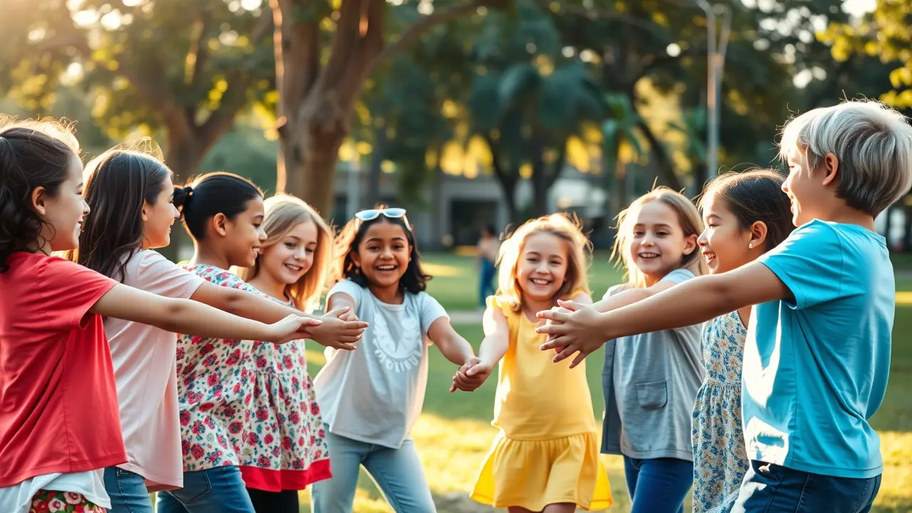 Sonhar com Cirandinha: Desvendando os Significados! Crianças brincando de cirandinha em um parque ensolarado.