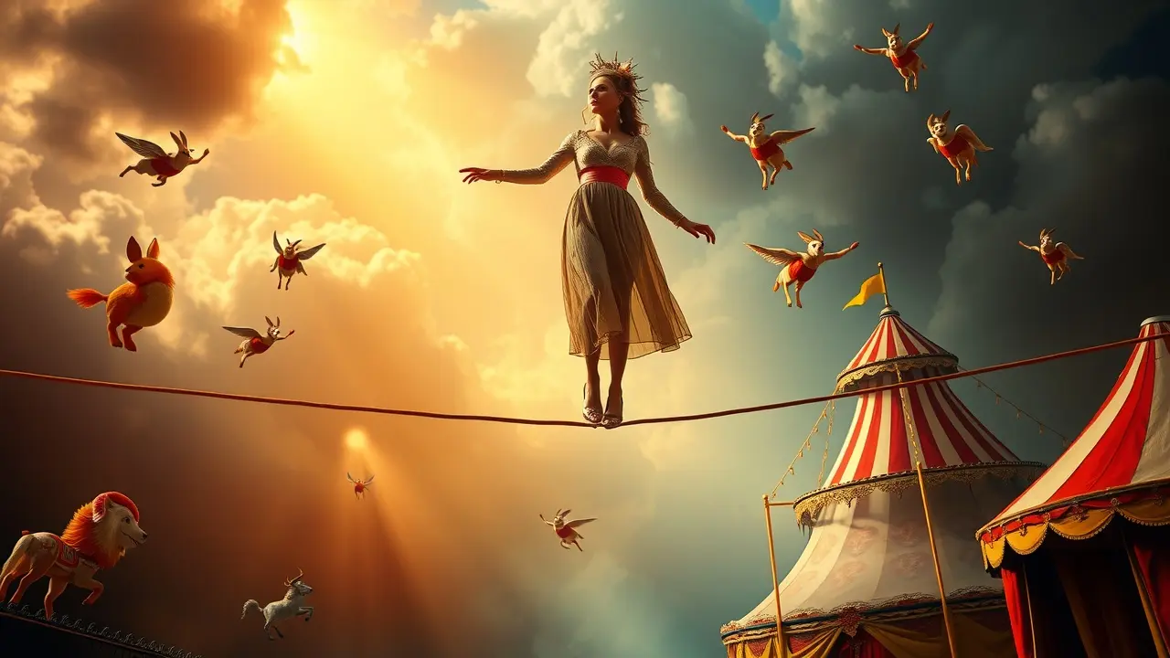 Mulher equilibrista em circo onírico