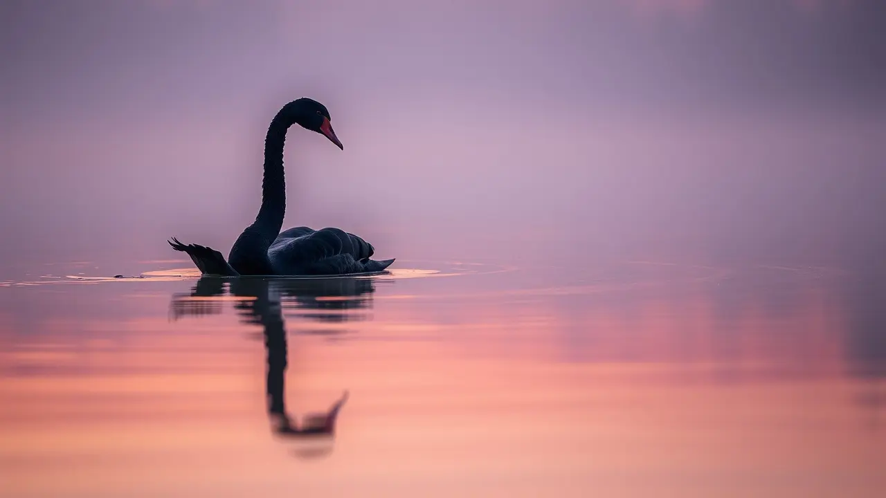 Sonhar com Cisne Negro: Decifre os Significados Ocultos Cisne negro nadando em lago ao amanhecer