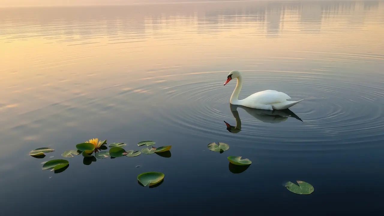 Cisne nadando em um lago ao amanhecer