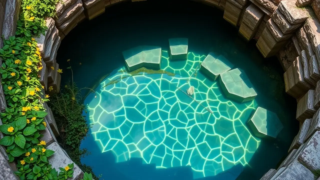 Cisterna de pedra com água cristalina refletindo o céu