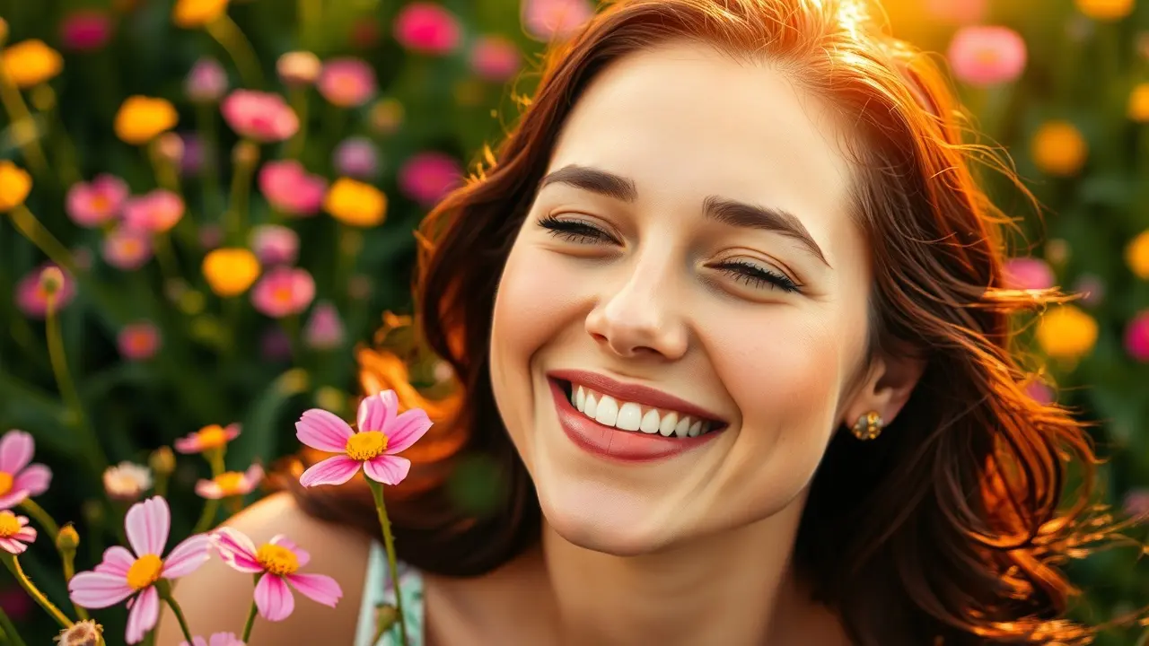 Mulher sorrindo em campo florido