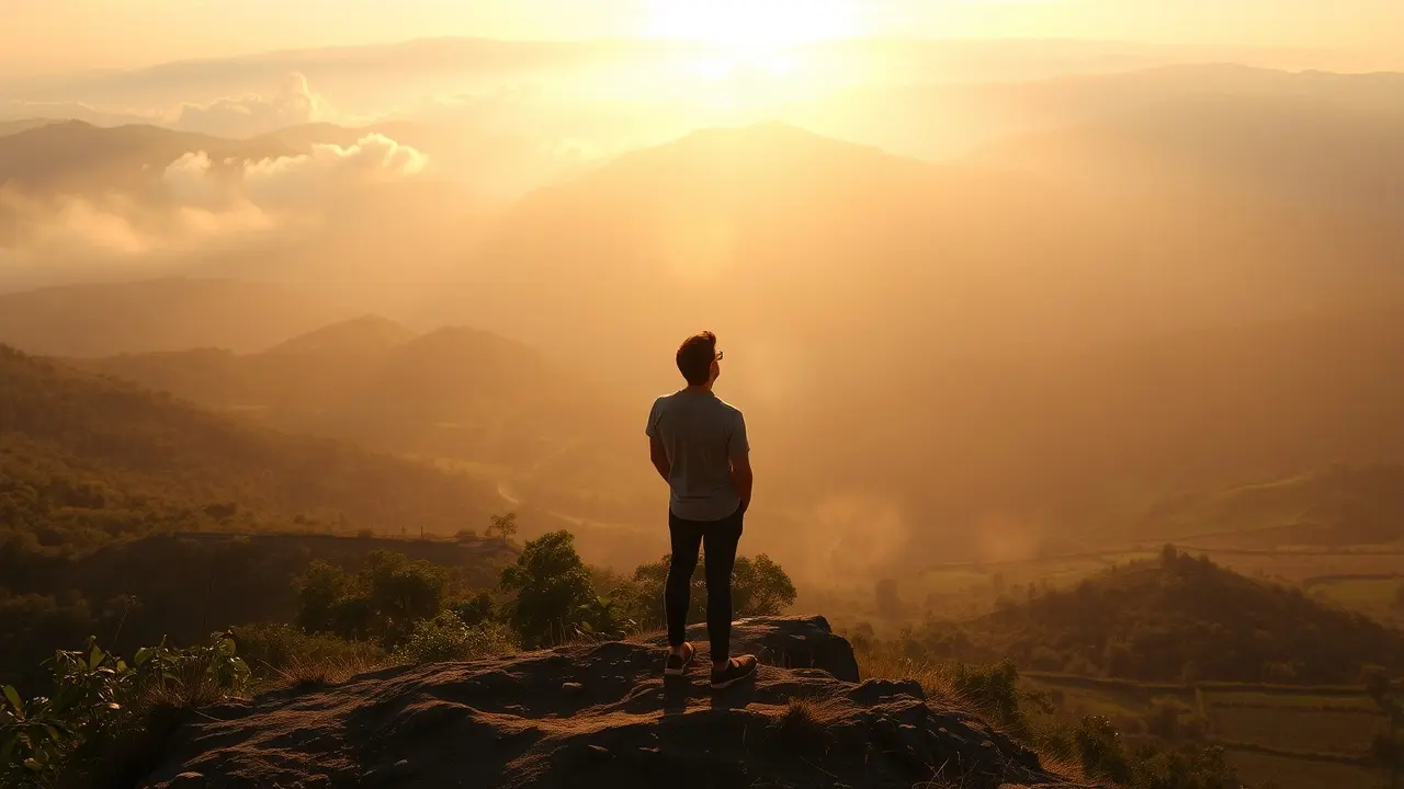 Sonhar com Clarificação: Descubra os Significados e Interpretações Pessoa em colina ao amanhecer, representando clareza mental.