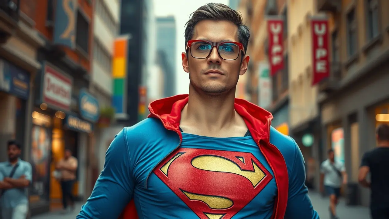 Homem com óculos revelando símbolo do Superman