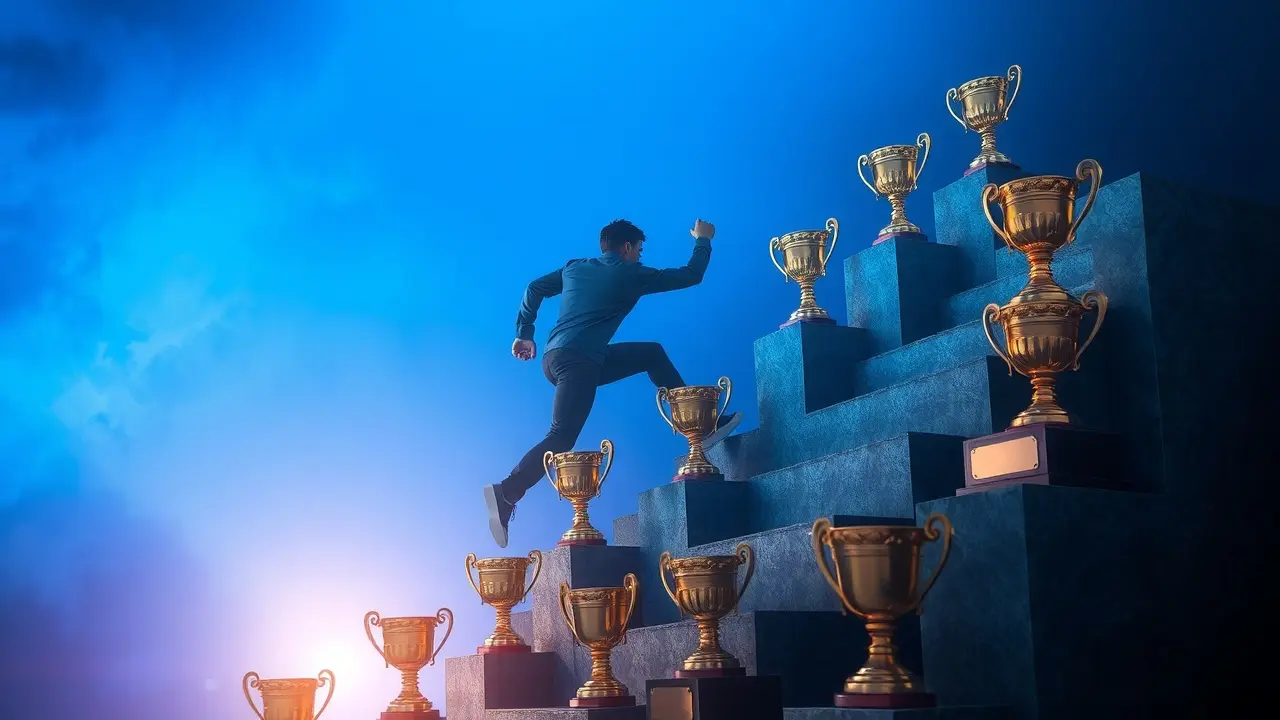 Homem subindo escada de troféus, simbolizando sucesso