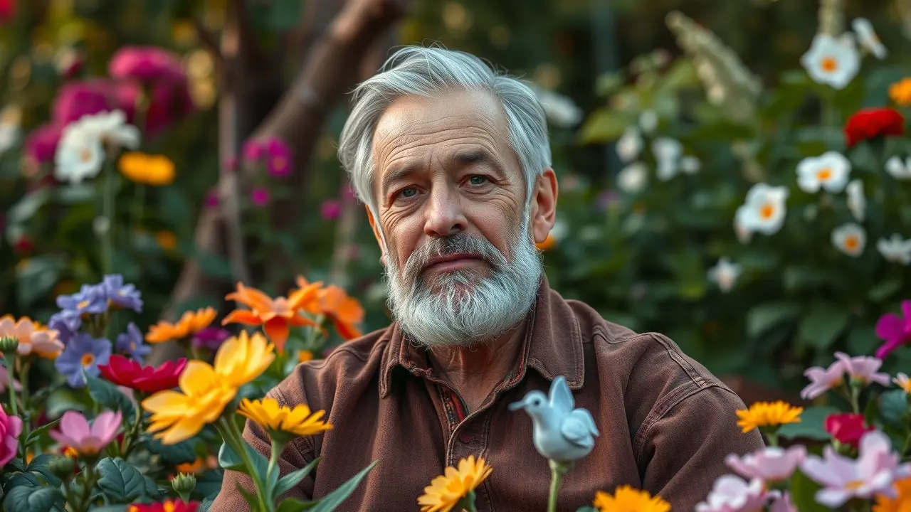 Sonhar com Clemente: Decifre o Significado e as Mensagens Ocultas Homem sereno em jardim florido representando o nome Clemente