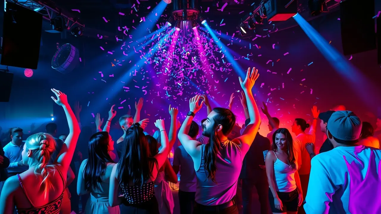 Significado de Sonhar com Clube: Interpretações e Simbolismos Clube noturno vibrante com pessoas dançando.