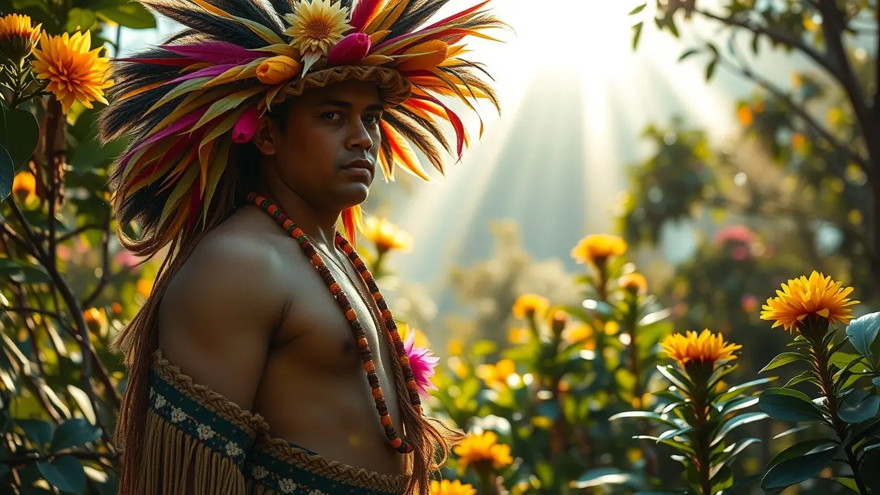 Homem usando cocar indígena