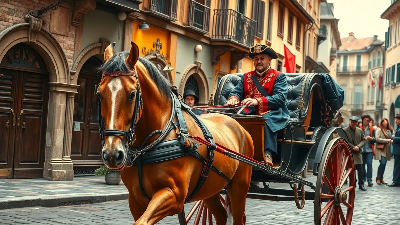 Sonho com cocheiro dirigindo carruagem em cidade medieval.