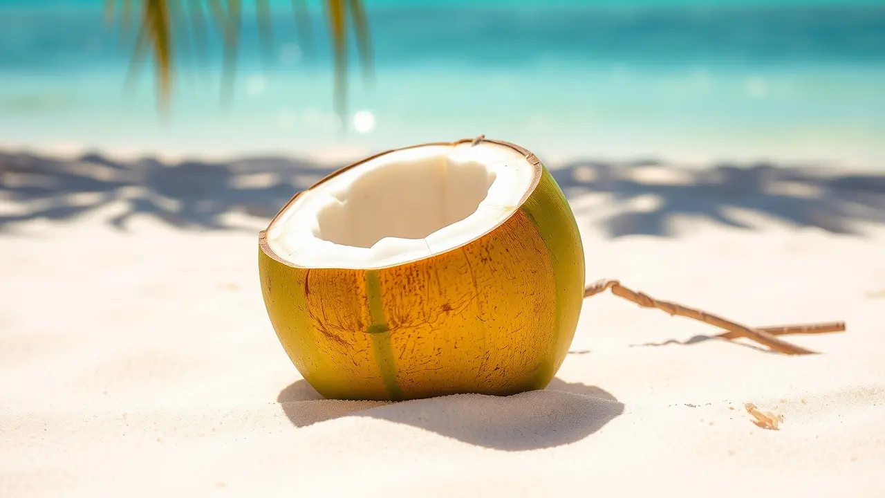 Coco-verde fresco na areia da praia.