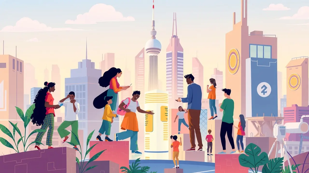 Sonhar com Colaboração: Descubra o Significado e as Mensagens Ocultas Ilustração de pessoas colaborando para construir uma cidade futurista