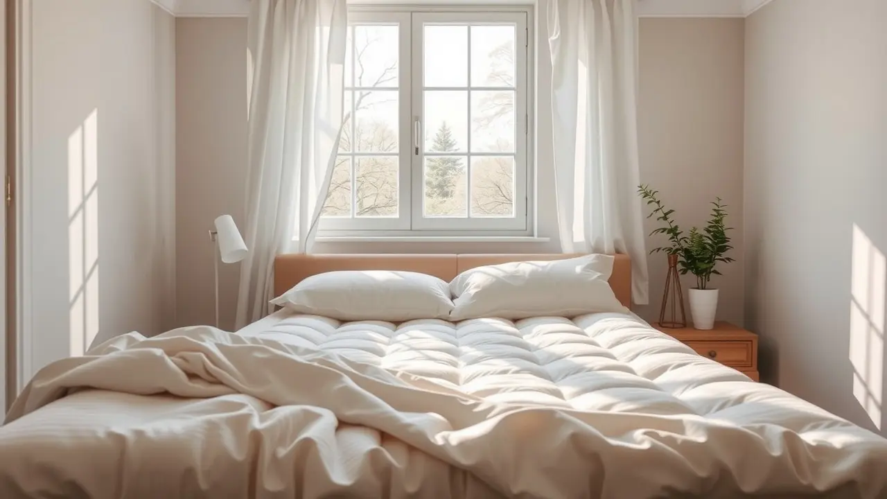 Quarto sereno com colchão convidativo