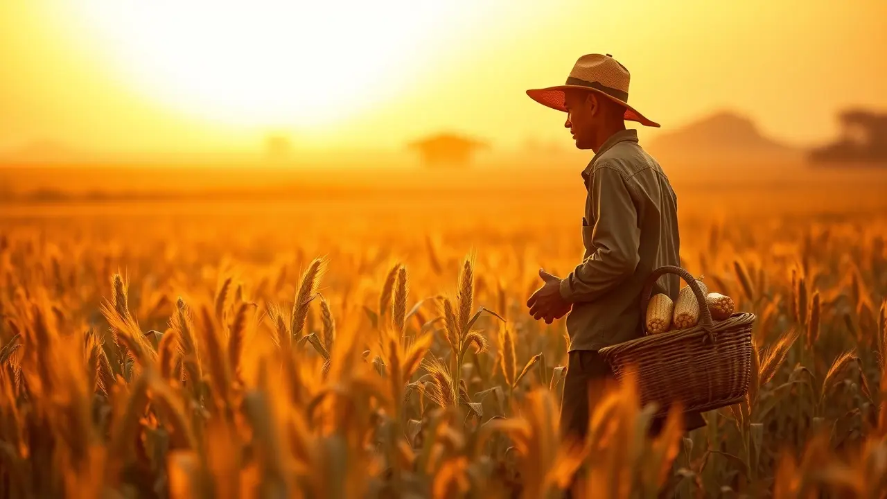 Colheita dourada ao pôr do sol
