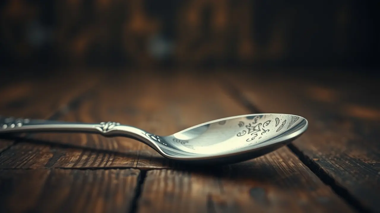 Colher de prata em mesa de madeira.
