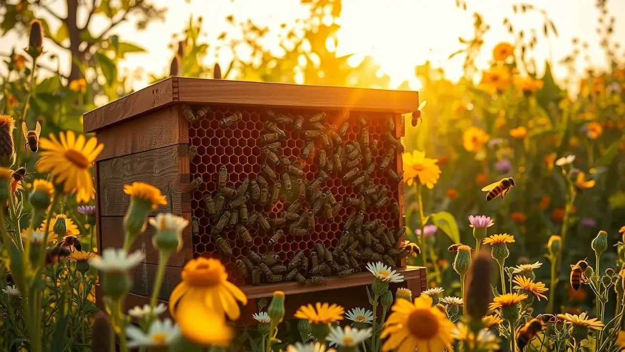 Sonhar com Colmeia: Descubra os Significados e Interpretações! Colmeia cheia de abelhas em um campo florido.