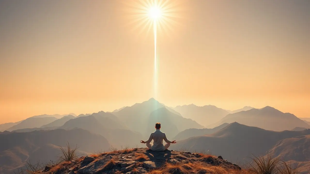Mulher meditando sob coluna de luz celestial