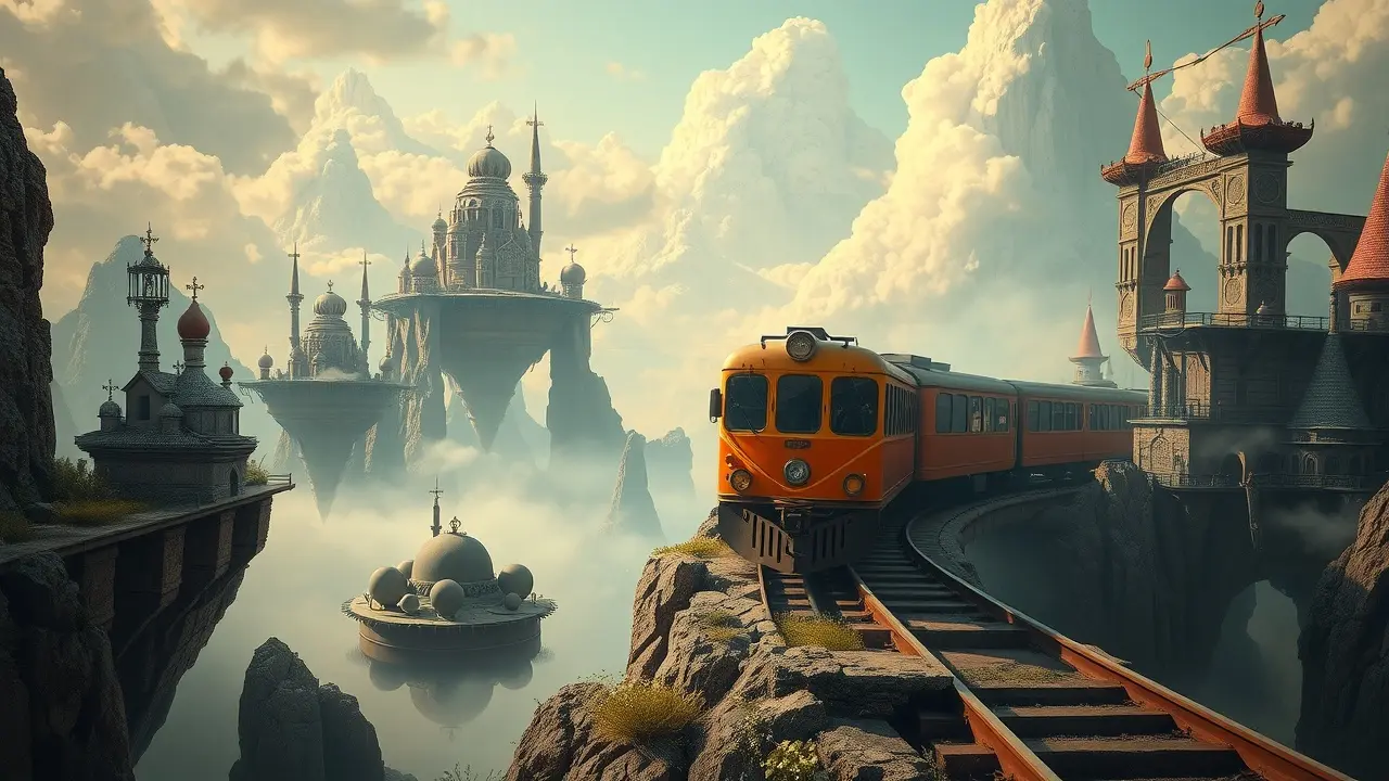 Sonho com comboio em paisagem surreal