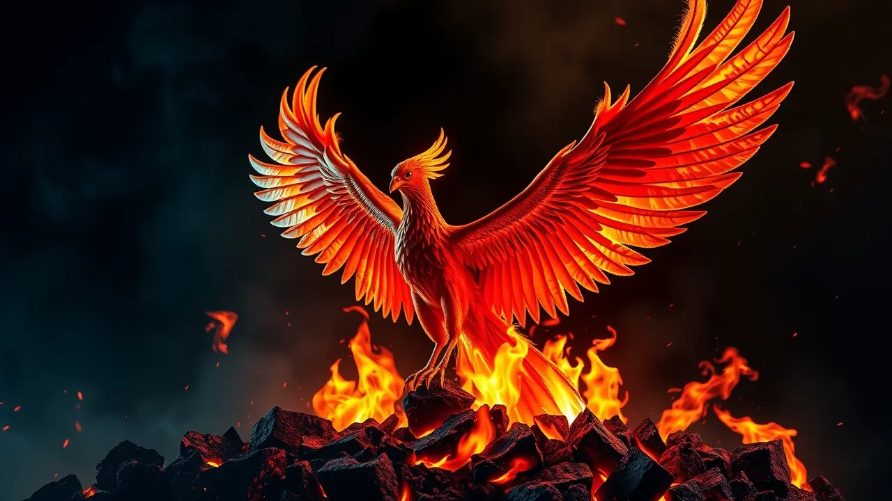 Fênix renascendo das cinzas após a combustão.