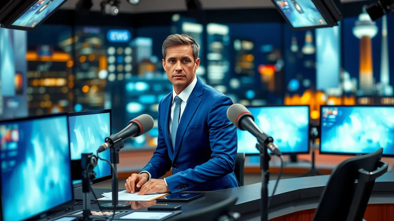 Sonhar com Comentarista: Descubra o Significado e as Mensagens Ocultas Homem em estúdio de notícias