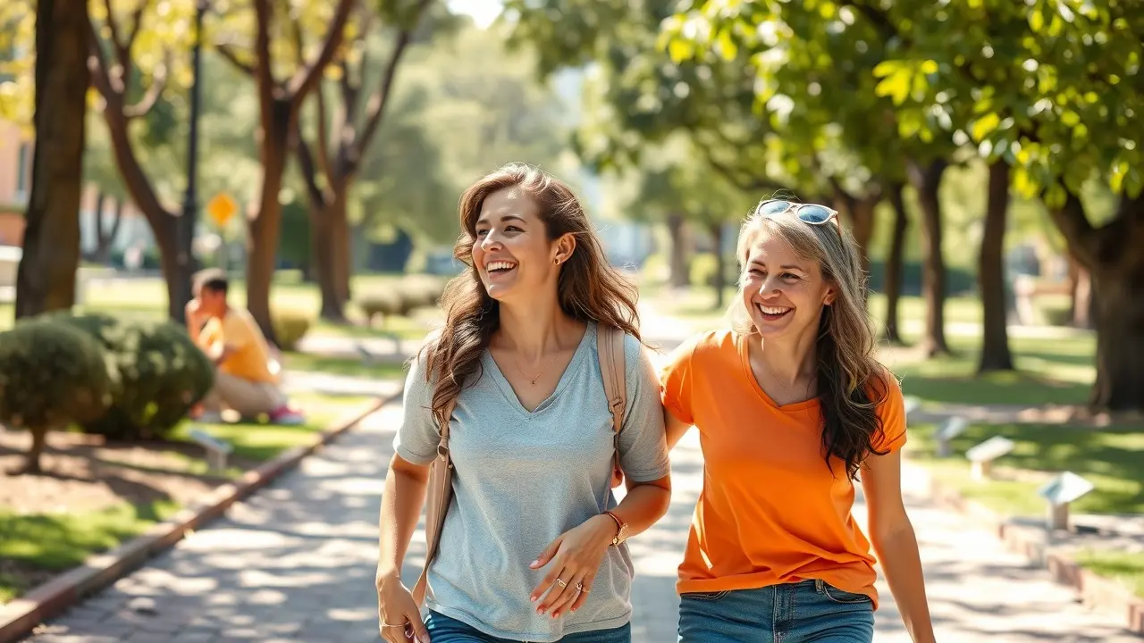 Pessoas caminhando juntas em um parque simbolizando companheirismo