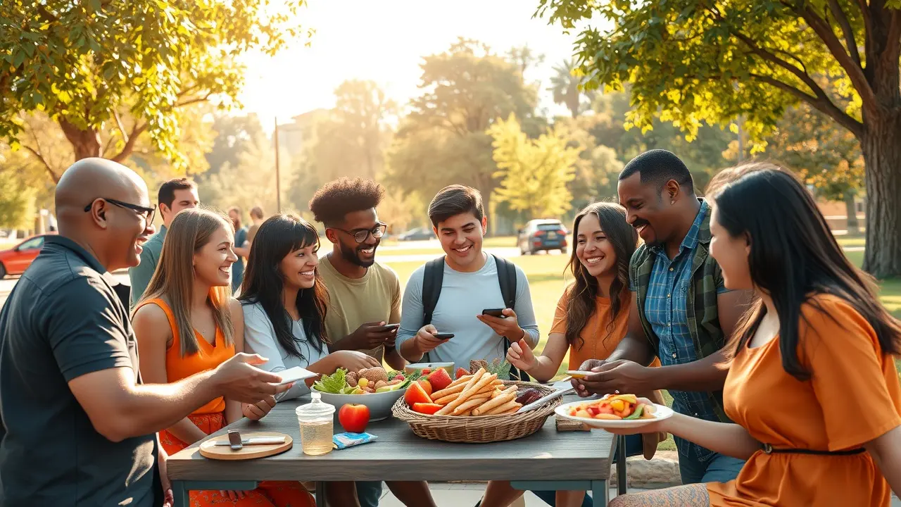 Sonhar com Compartilhamento: Descubra os Significados Ocultos Pessoas diversas compartilhando em um parque ensolarado