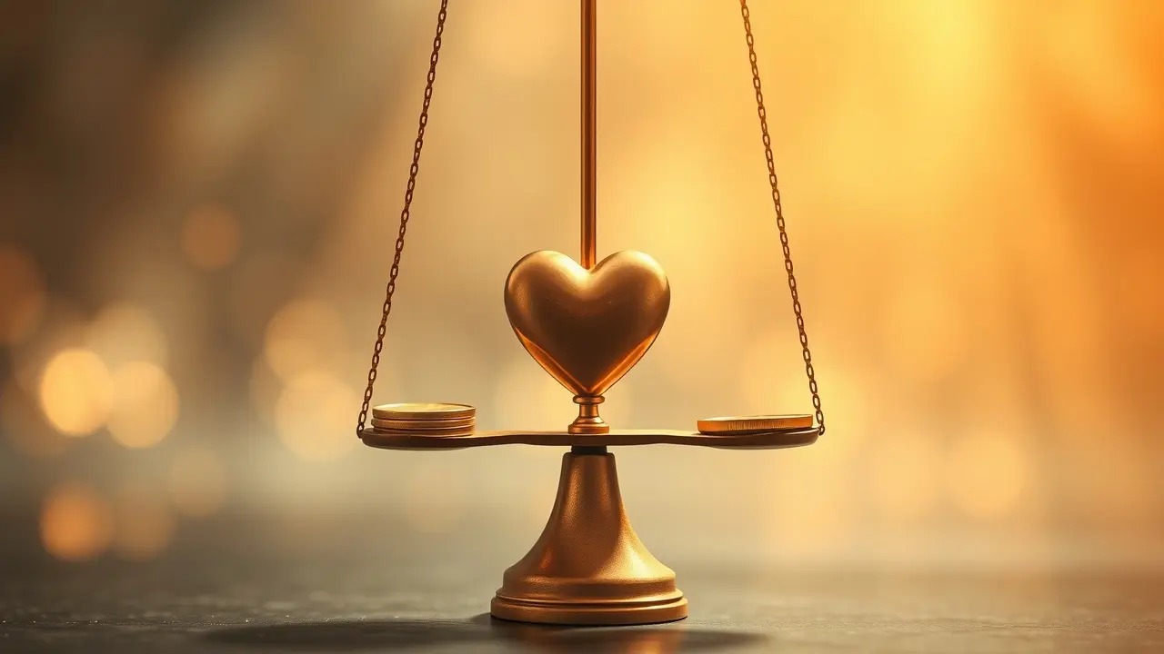 Sonhar com Compensação: Descubra o Significado e as Mensagens Ocultas Balança equilibrando moedas de ouro e um coração.