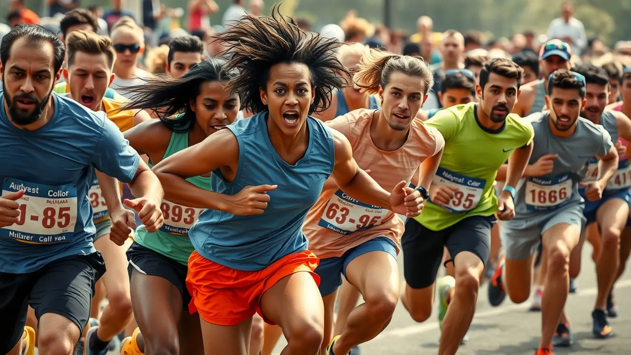 Pessoas competindo em corrida com energia e determinação
