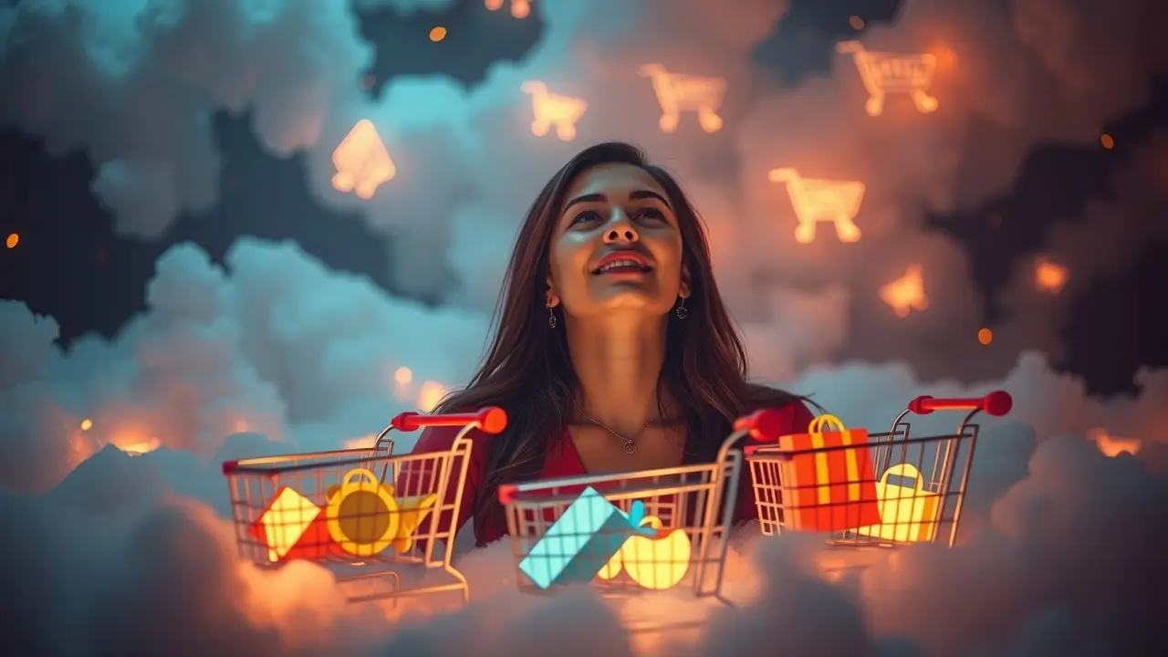 Sonhar com Compra Online: Desvende os Significados Ocultos Pessoa sonhando com carrinho de compras online cheio de produtos