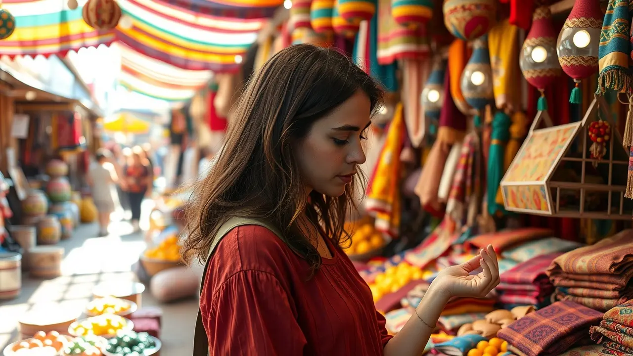 Sonhar com Compra: Desvende os Significados e as Mensagens Ocultas Mulher contemplando compra em mercado vibrante.