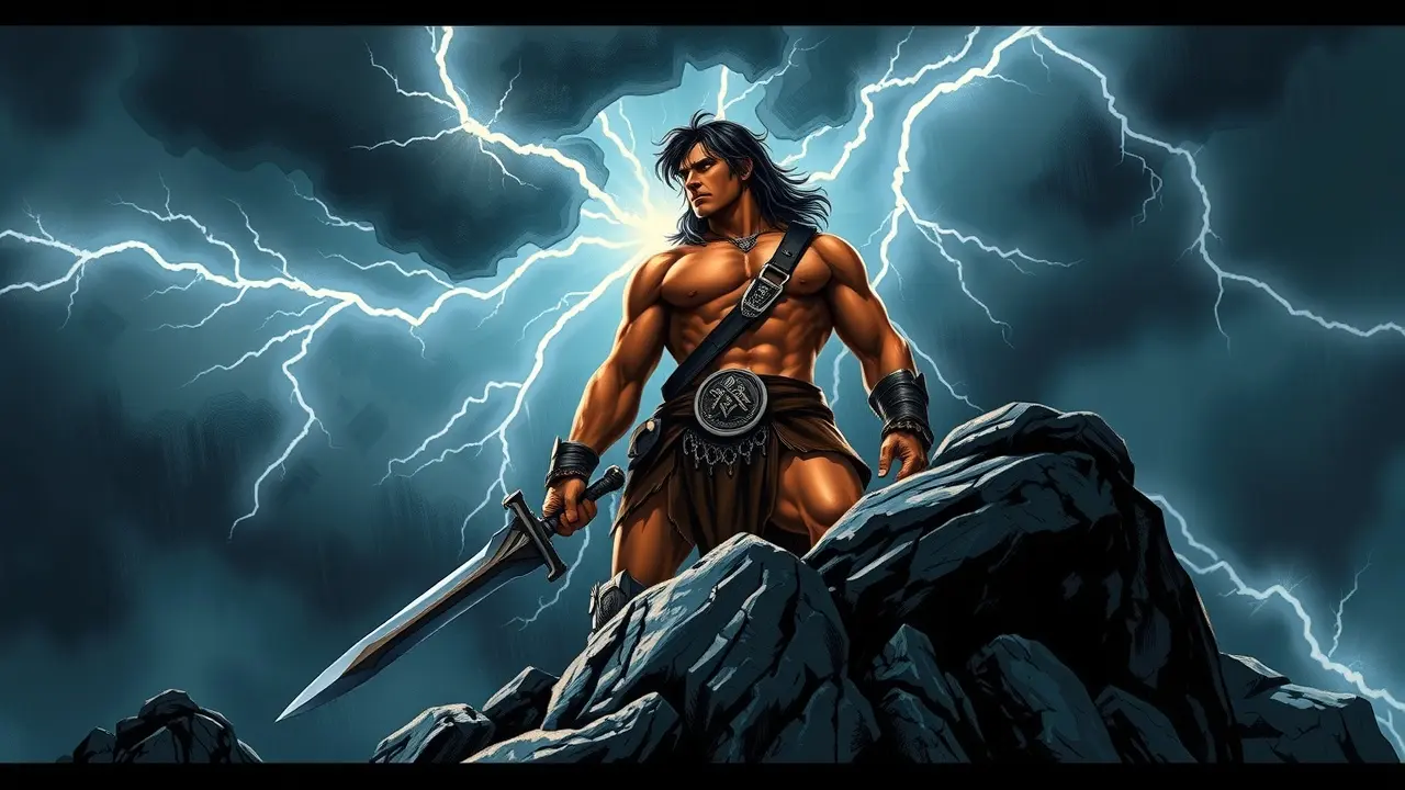 Conan o Bárbaro imponente sob tempestade