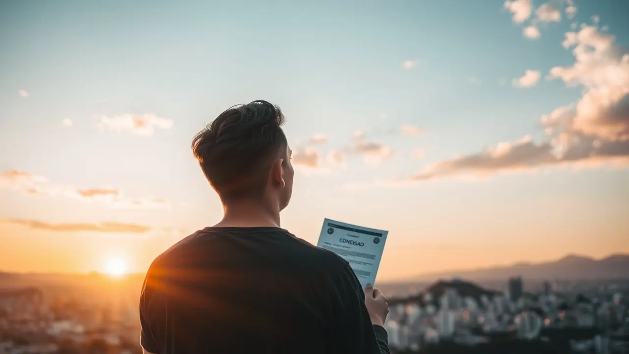 Homem contemplando a cidade ao pôr do sol com documento de concessão