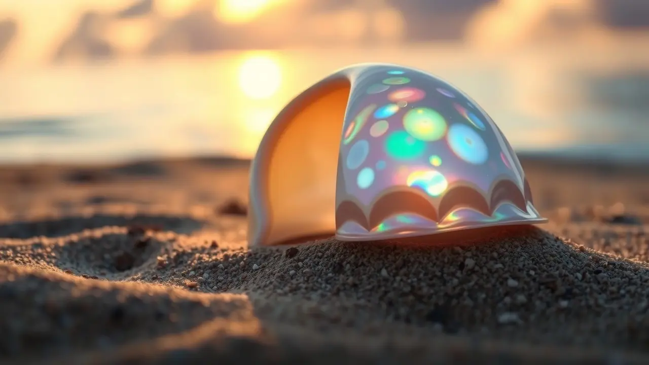 Sonhar com Concha-Nácar: Desvende os Significados Ocultos Concha-nácar brilhante na praia ao pôr do sol
