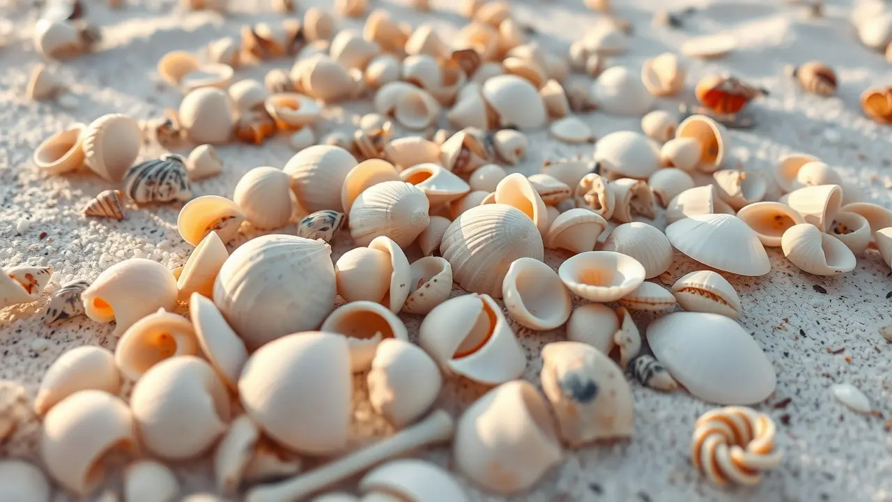 Diversas conchinhas coloridas na areia branca.