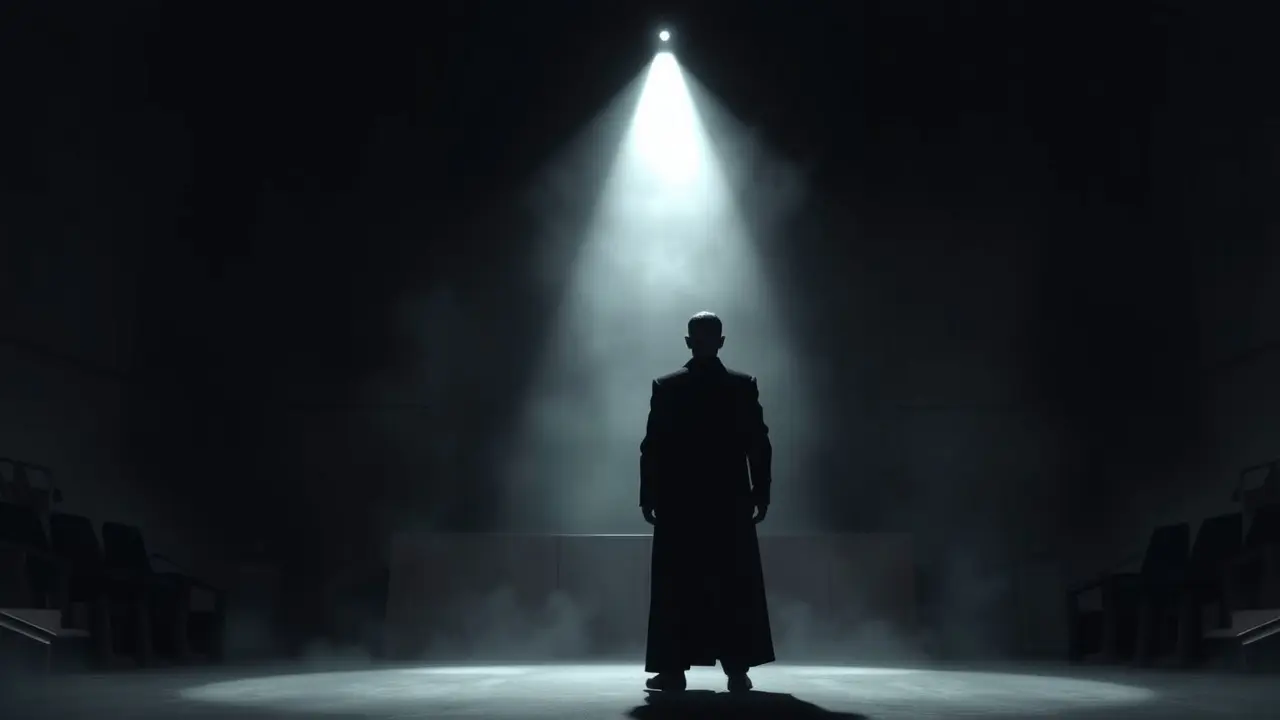 Figura solitária sob spotlight em tribunal sombrio, representando culpa e medo.