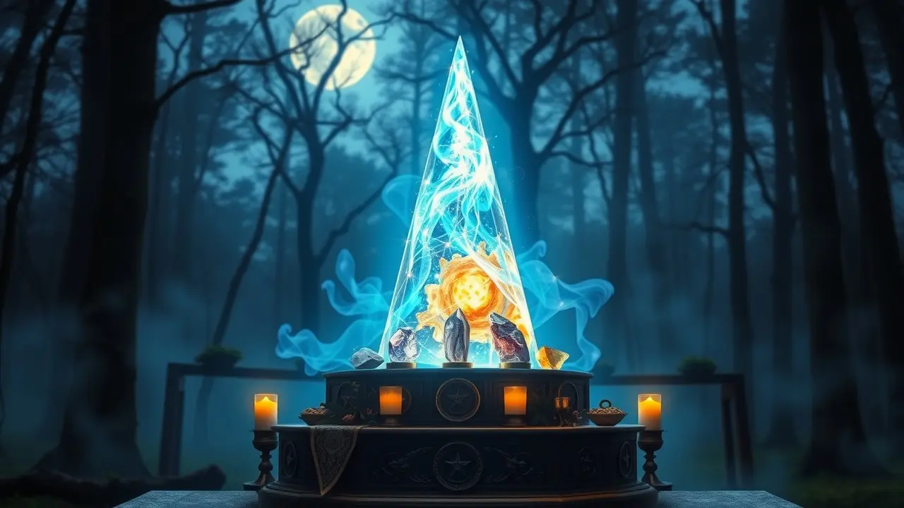Cone de poder brilhante flutuando sobre altar místico
