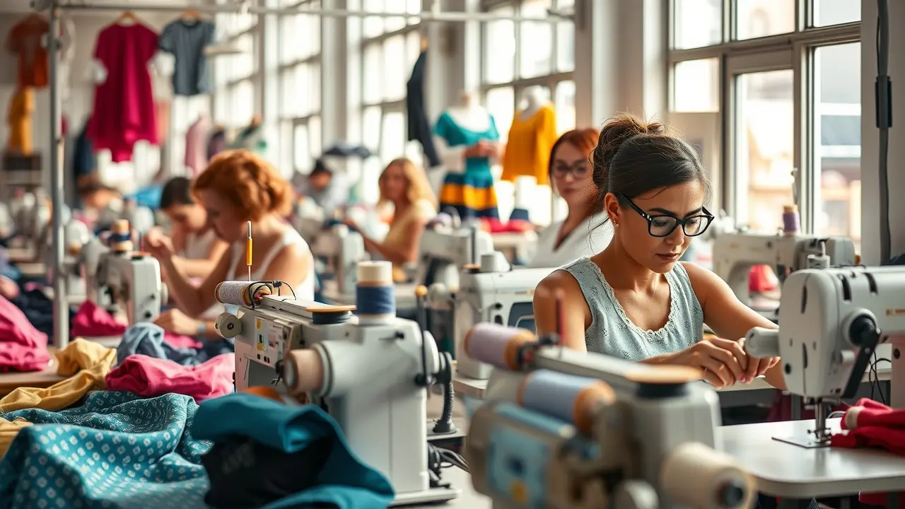 Significado de Sonhar com Confecção: Desvende os Mistérios! Confecção movimentada com costureiras trabalhando.