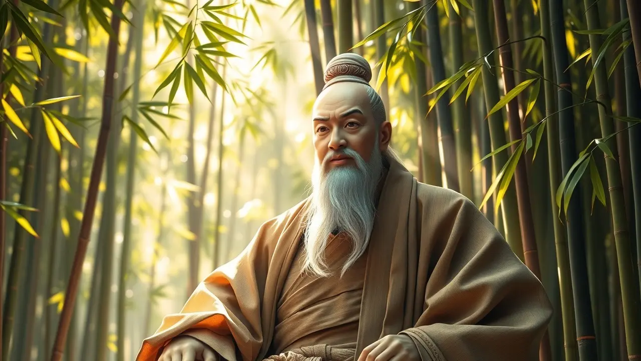Sonhar com Confúcio: Desvendando os Significados e a Sabedoria Ancestral Confúcio em floresta de bambu, olhar sereno.