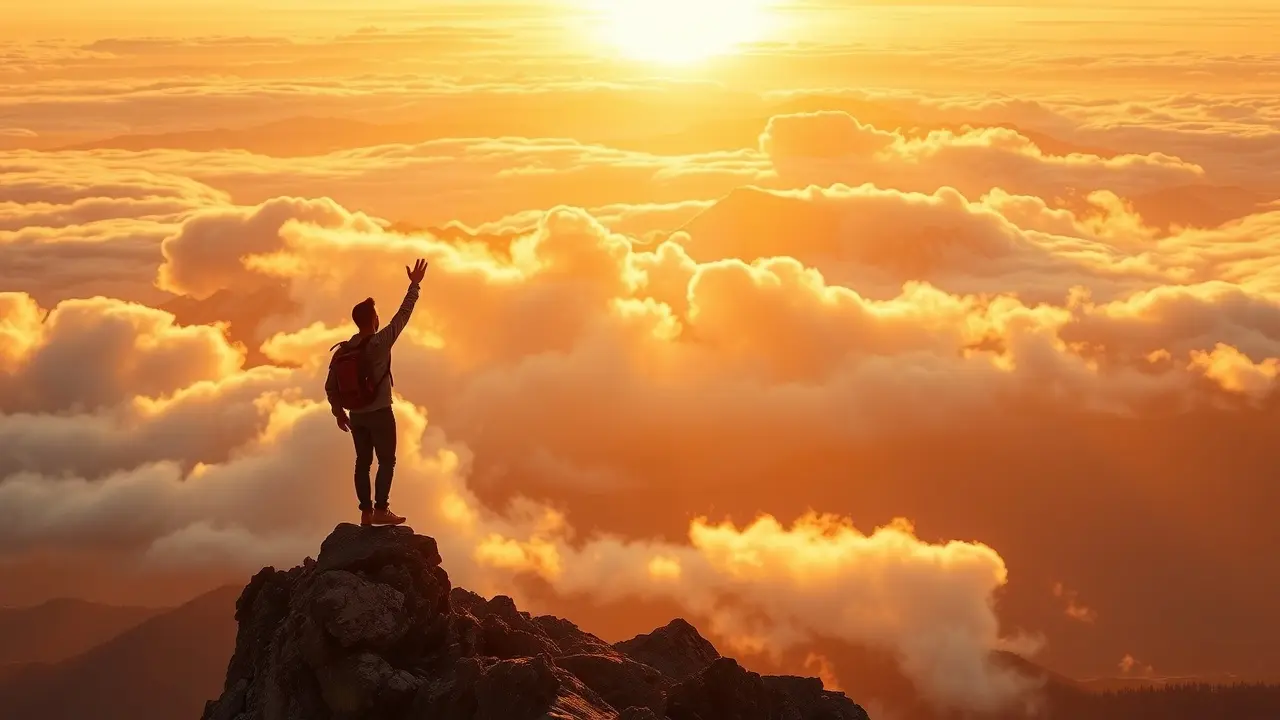 Figura triunfante no topo da montanha, simbolizando conquista.