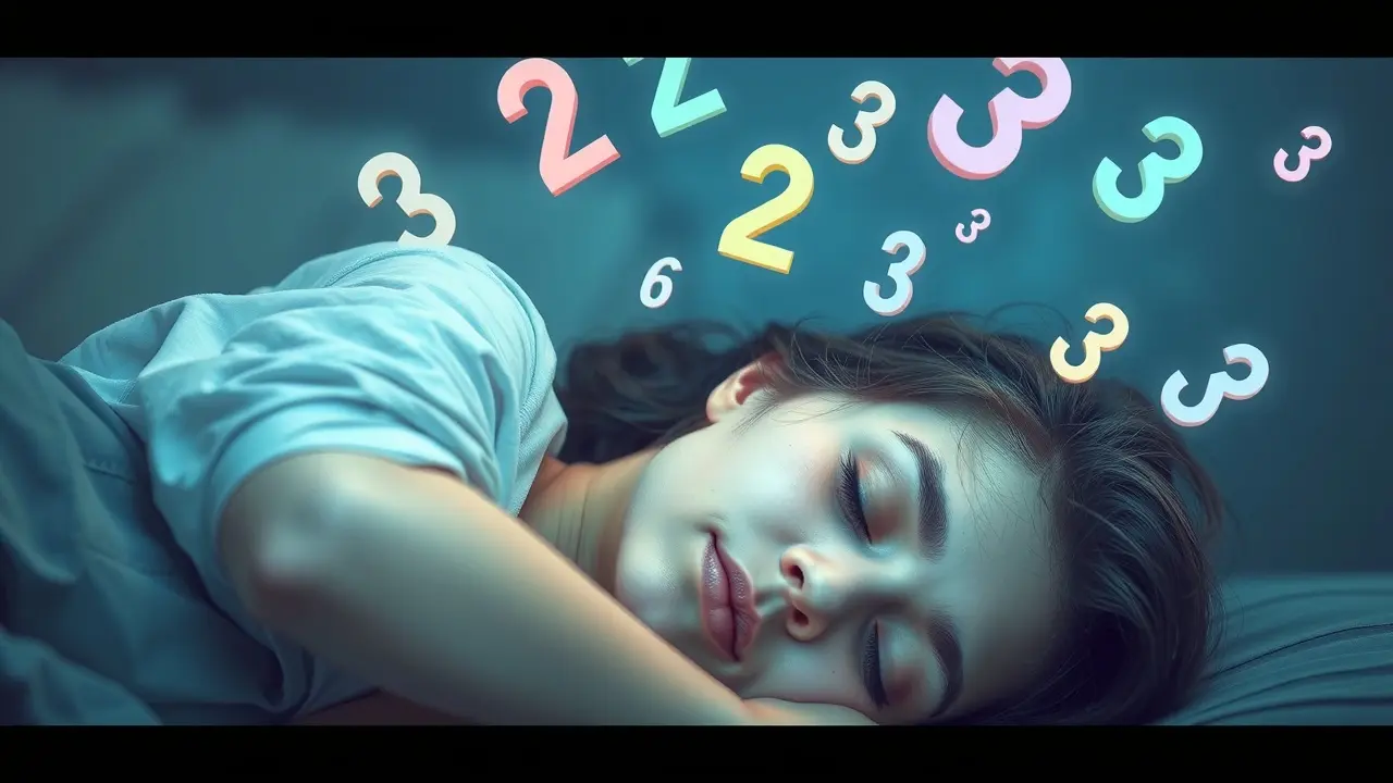 Pessoa dormindo com números flutuando ao redor da cabeça.