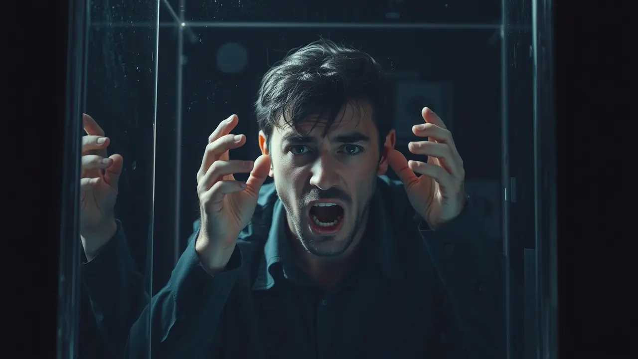 Pessoa presa em cubo de vidro, expressando frustração.