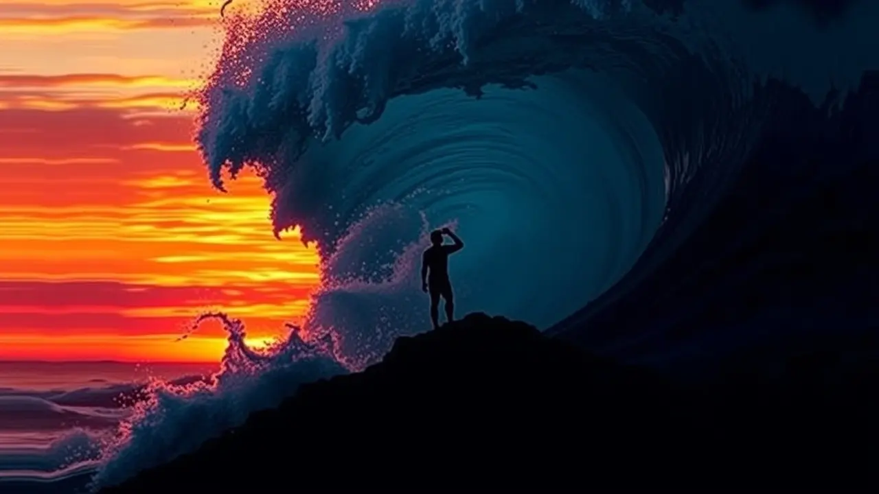 Sonhar com Contestação: Descubra o Significado Oculto Pessoa desafiando onda gigante, simbolizando contestação.