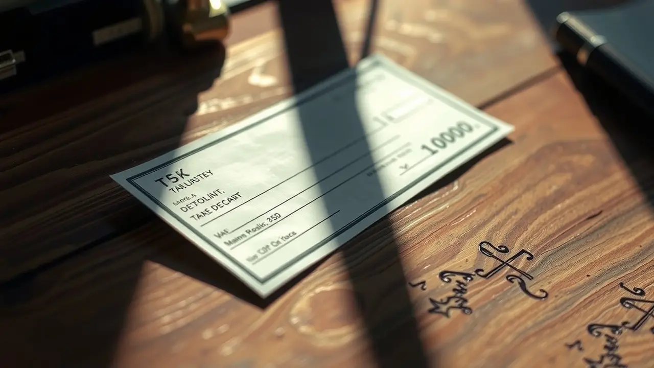 Contracheque sobre mesa de madeira, simbolizando finanças.