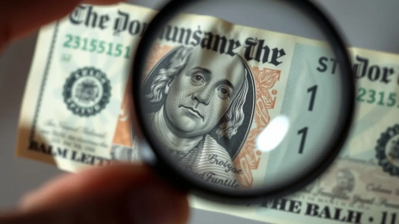 Sonhar com Contrafação: Descubra os Possíveis Significados Nota falsa sendo examinada de perto.