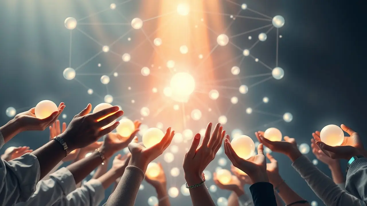 Mãos contribuindo com luzes brilhantes