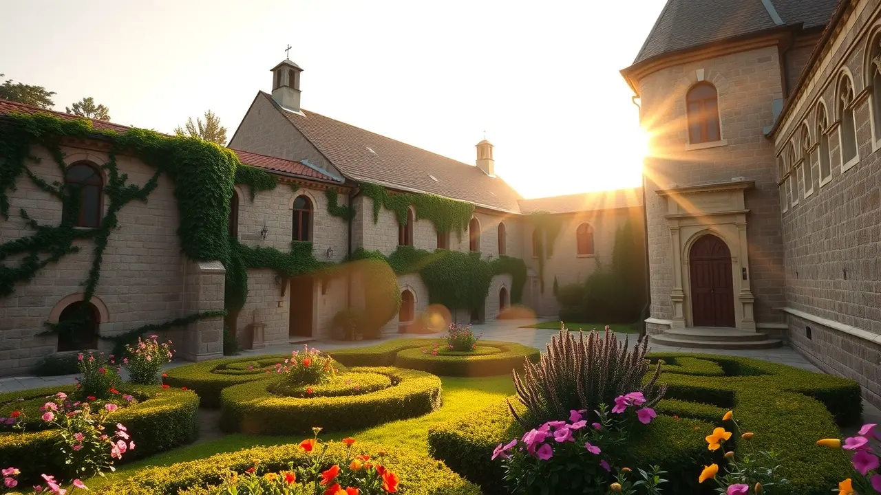O Significado Profundo de Sonhar com Convento Convento iluminado pela manhã, ambiente sereno e jardim florido.