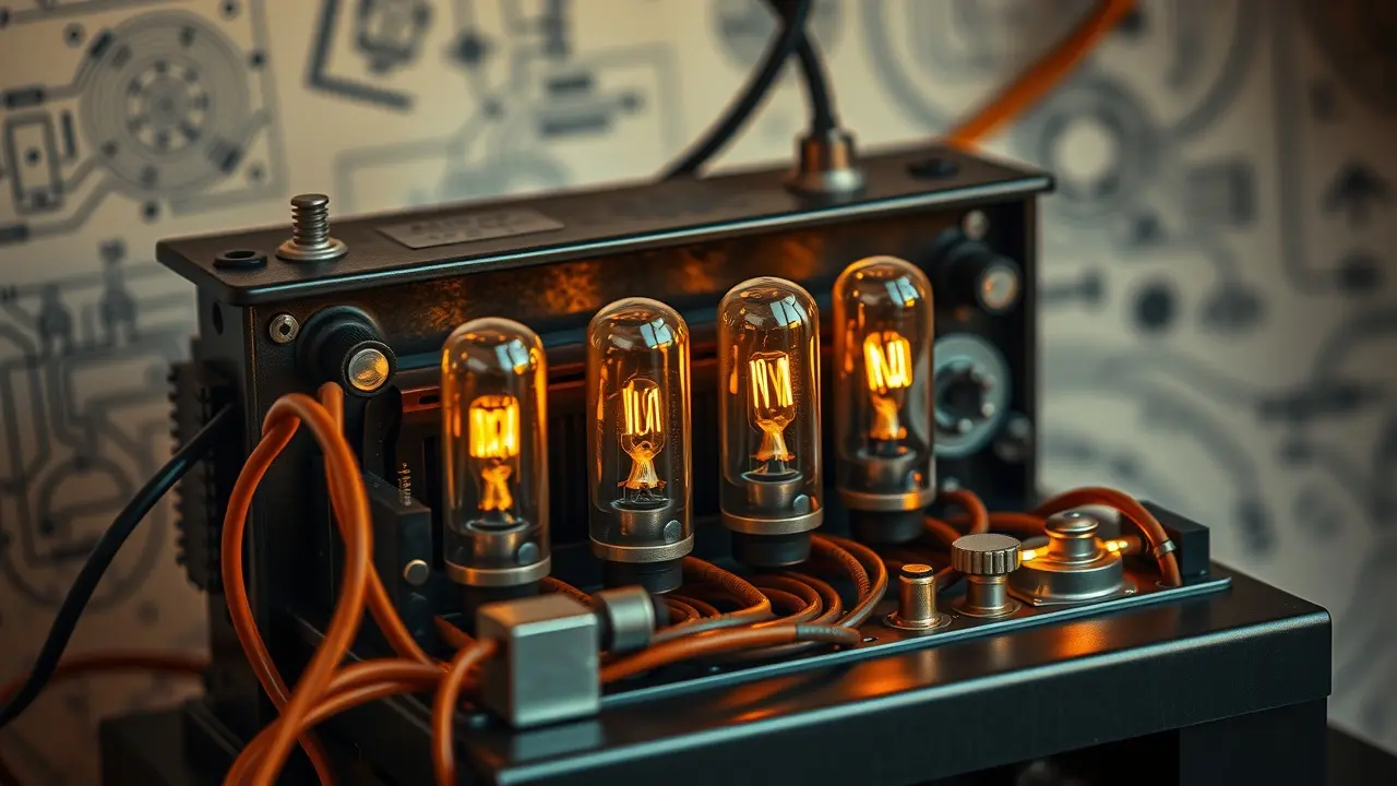 Conversor elétrico antigo com fios e tubos brilhantes.