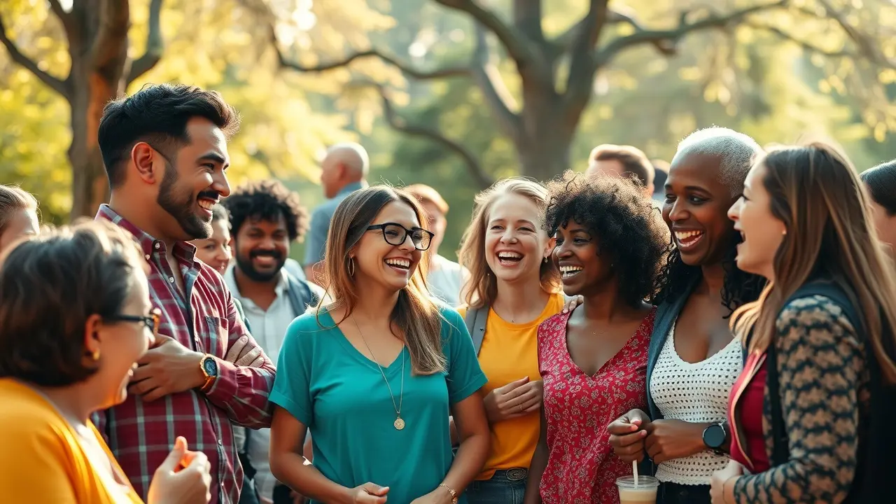 Pessoas convivendo alegremente em um parque ensolarado