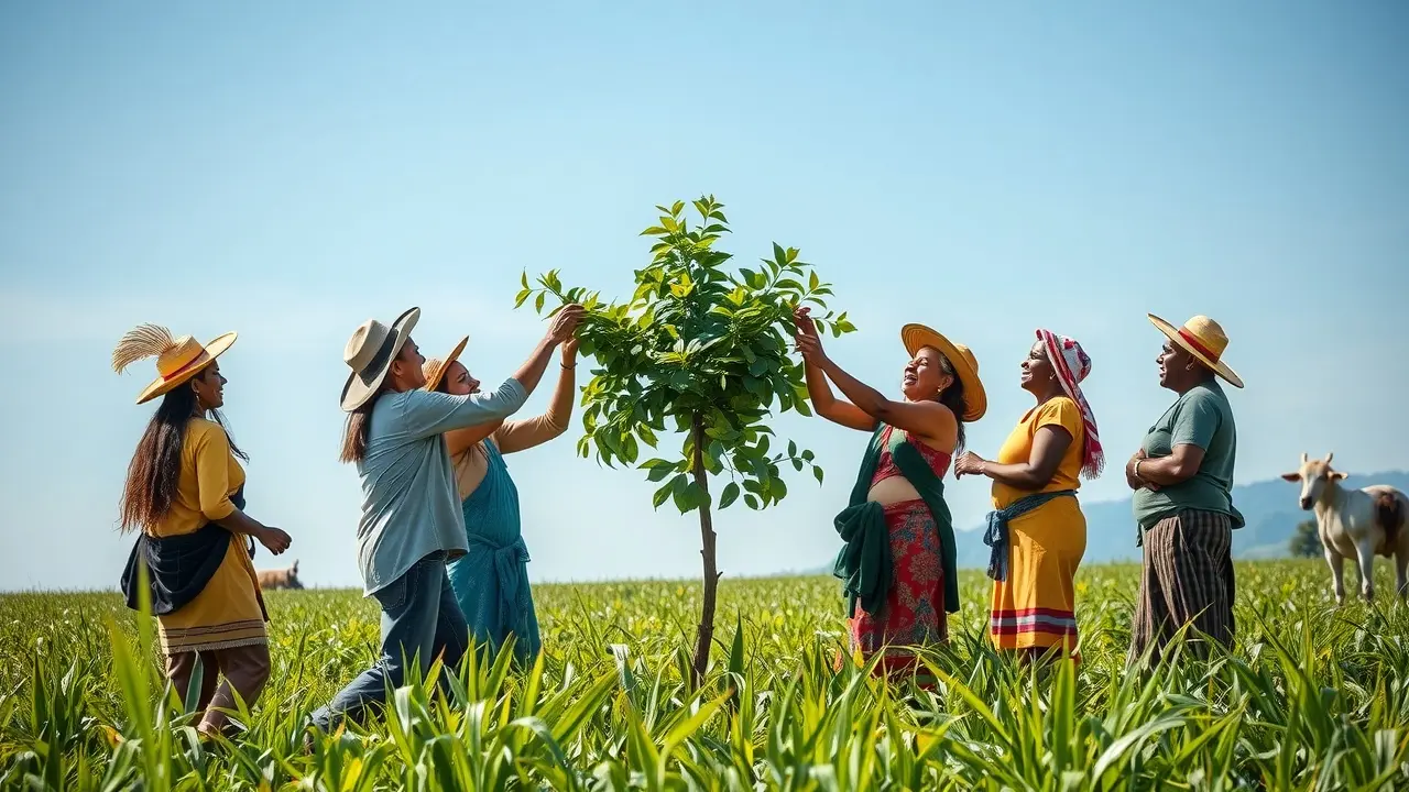 Mãos unidas levantando árvore - Simbolismo de cooperação